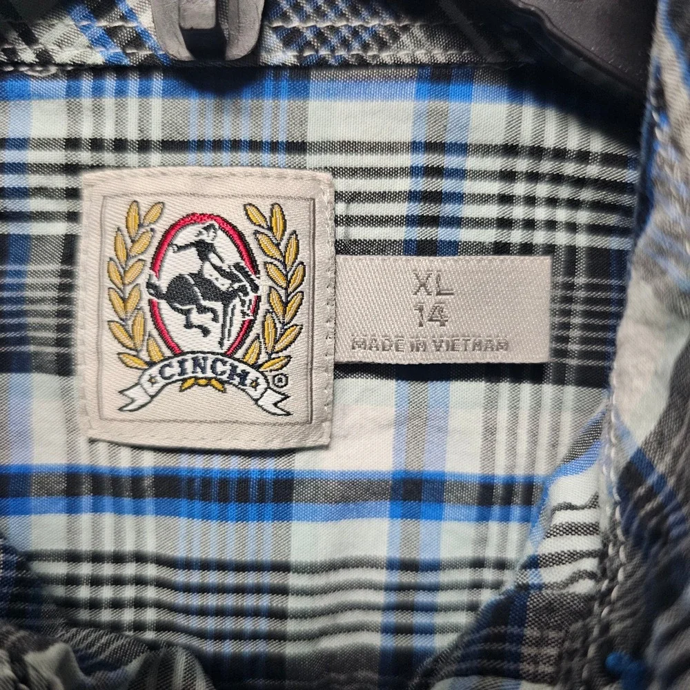 Cinch Boys XL 14 Blue Black Plaid Long Sleeve Western Button Down Shirt